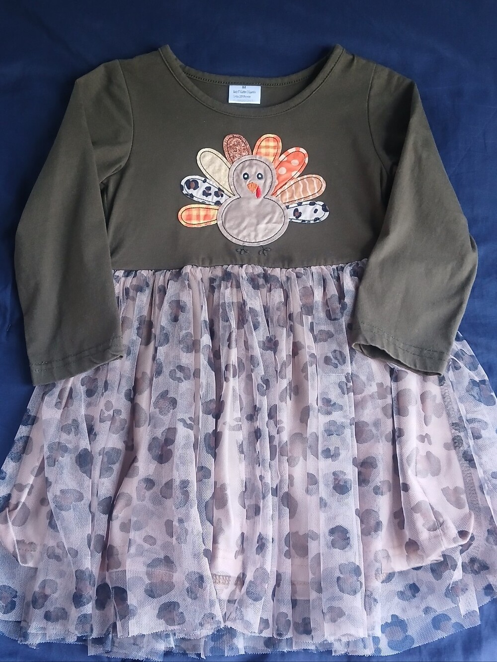 Girls Brown Turkey Appliqué Tulle Dress with Printed Skirt 4T